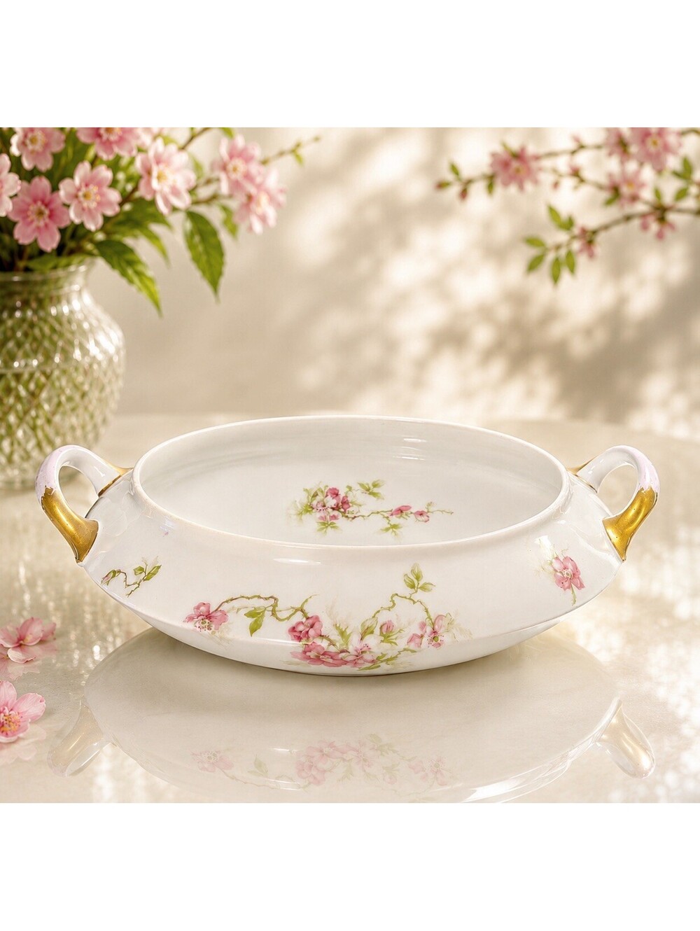 Old Abbey Limoges France 1910s Pink Floral Double Handle Bowl, 7x3” DAMAGED